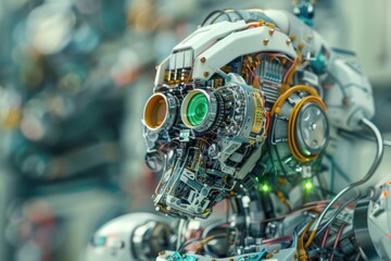 Fototapeta premium close-up view of a fantasy high-tech creature nano-bot character weaved of different various wires, microprocessors and tiny parts