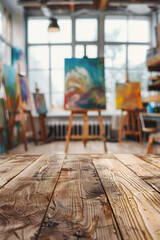 A wooden table in the foreground with a blurred background of an art studio. The background includes easels with canvases, paintbrushes, palettes, colorful paintings on the walls, and shelves