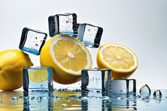 Slices of fresh juicy lemons and ice cubes in water splashes on white background. Citrus fruits cut in water drops. Summer freshness, poster design. 
