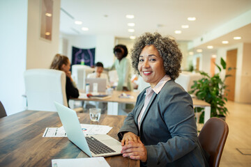 Young adult businesswoman working on laptop in office