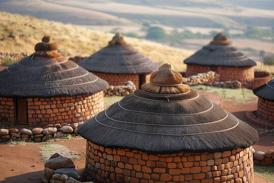 Round African rondavel huts with straw thatch roof in beautiful grassland scenery