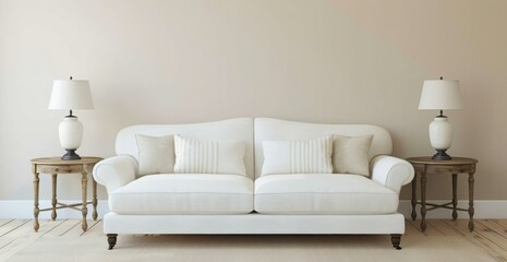 A simple and elegant white sofa in the living room with two side tables, a lamp on each table, and a wooden floor. The background is a plain light beige