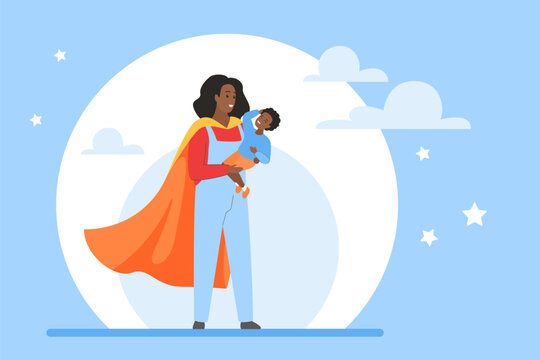Mother superhero holding baby son to protect and care with love. Happy woman wearing cape and costume of super mum, strong superwoman standing with little child in hands cartoon vector illustration