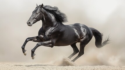 Dynamic motion capture of a sleek black horse racing across a blank canvas of white