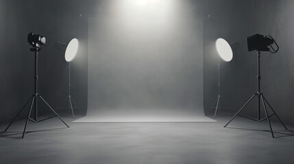 photographic studio with lighting backdrop and various equipment for photos and video shooting. banner
