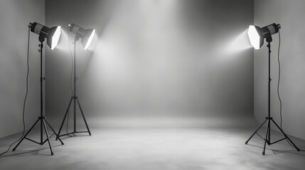 photographic studio with lighting backdrop and various equipment for photos and video shooting. banner