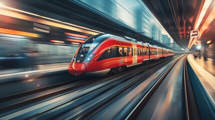 Fototapeta premium A red and white high-speed train is passing through a modern city