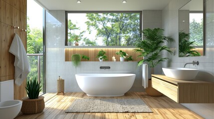 Fototapeta premium A bathroom with a large white bathtub and a wooden floor
