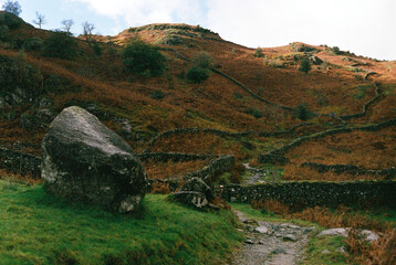 View of boulder and drystone walls in Lake District