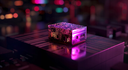 The image shows a detailed view of a computer chip installed on a motherboard like a purple container placed on the table surface. Generative AI.