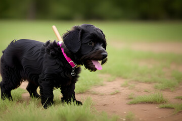 Cockapoo puppy playing with a stick in a field