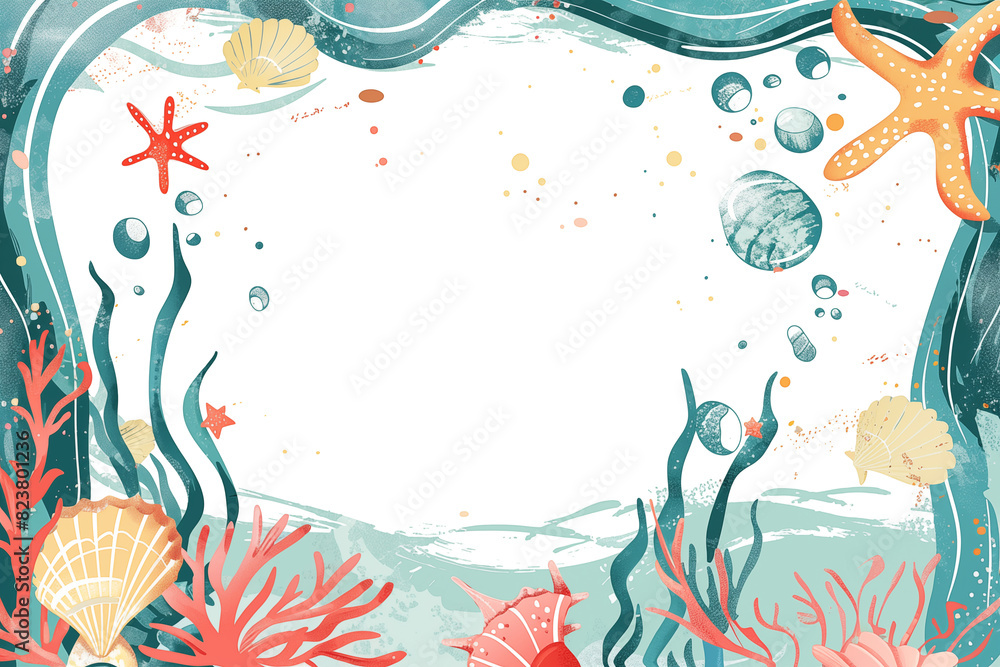 Sticker underwater marine frame with starfish and seashells swirling around white background with copy space