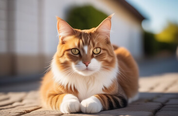 A beautiful well-groomed red cat sits on the road by a white brick wall and looks away