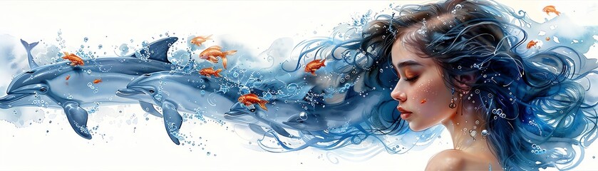 A beautiful woman with long, flowing hair made of water and dolphins.