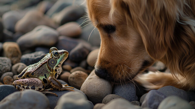 A dog gazes at a frog perched on a stack of stones amidst grass, capturing a moment of serene curiosity in nature's embrace. Perfect for illustrating peaceful coexistence. Generative AI.