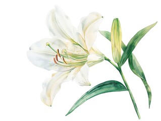 A single white lily with green stem, watercolor on white background