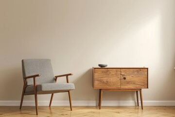 A simple retro style interior with an empty wall and wooden floor, featuring midcentury modern furniture such as the iconic Javas highboard in the style of light wood color and grey fabric armchair