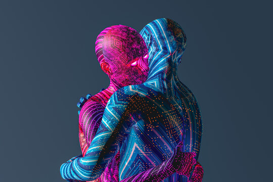 Cyborg Couple Embracing in Artificial Intelligence Concept