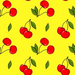 Bright Seamless pattern of a twig of ripe cherry with a leaf on a yellow background