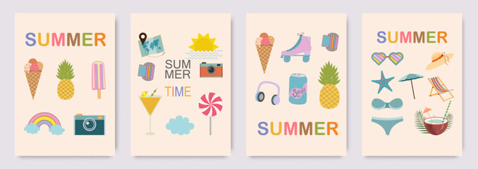 Set of cute modern summer posters, cards. Ice cream, fruit, sea life, cocktails. Interior print for a children's room. Vector illustration of summer vacation, travel, vacation, wall art.