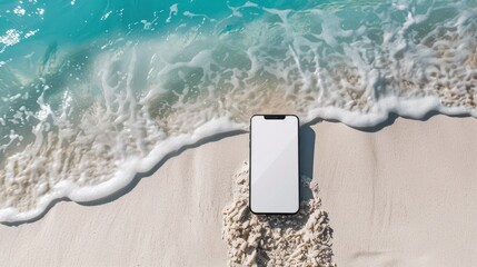 Mobile phone mockup with blank screen on the white sand on the tropical beach with blue water of the sea - Powered by Adobe