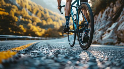 A man is riding a bicycle on a road with a mountain in the background