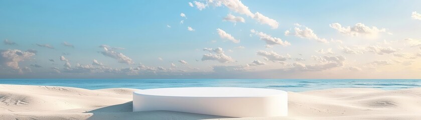 A white round-shape podium on the sand, an amazing place to have vocation with white sand and blue...