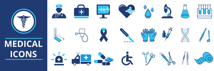 Medical icon set  on white background. Health symbols, icon. Doctor, medicine, healthcare, nurse, pills, hospital, treatment,  clinic and more. Solid medical icons, vector set. Vector illustration.
