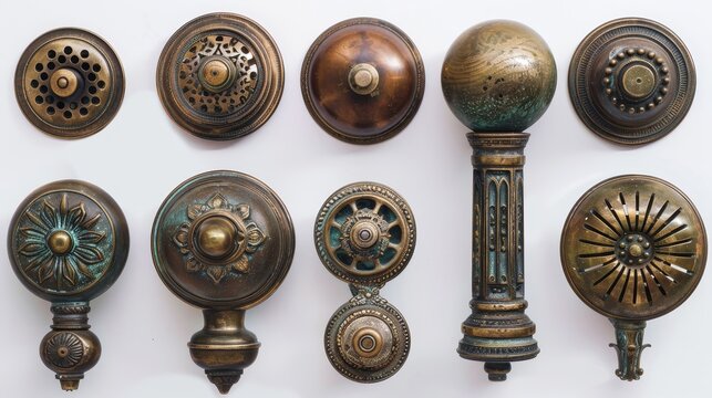 A row of brass knobs with a cross on one of them