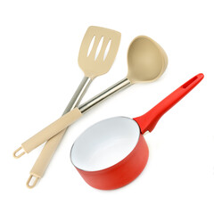 Ladle , kitchen spatula and pan isolated on white. Collage.