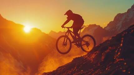 Obraz premium A man is riding a bike down a mountain with the sun setting in the background
