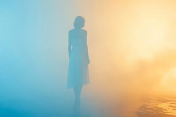 Mysterious elegant stylish woman walking in mist fog heading light, surreal fashion minimalist dreamy scene mystery atmosphere.