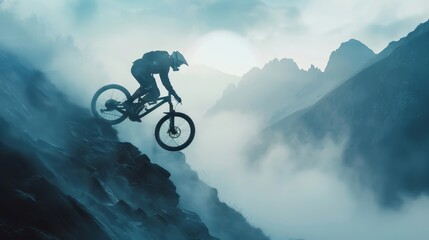 A man is riding a bike down a mountain with the sun setting in the background