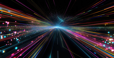 A colorful light beam emanates from a tunnel adorned with purple, magenta, and blue neon lights, representing the flow of data. Perfect for illustrating digital innovation. Generative AI.