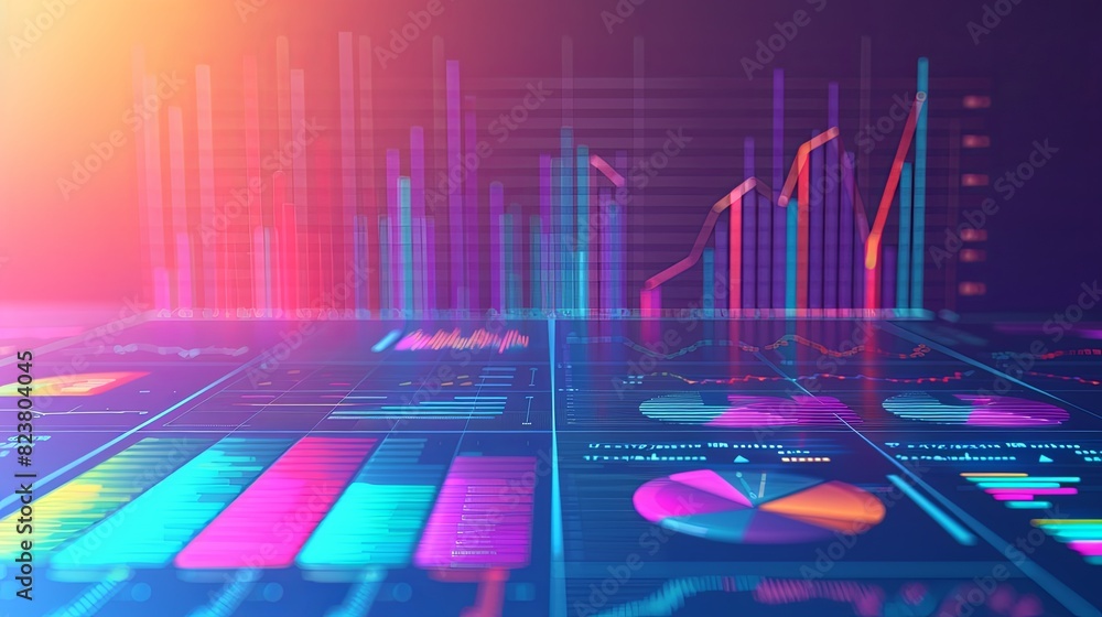 Poster data-driven financial analysis: charts, graphs, and data points on blue gradient background