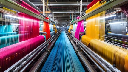 An image of workers in a textile factory operating weaving machines, with colorful threads and fabrics, captured in sharp detail by a professional photographer