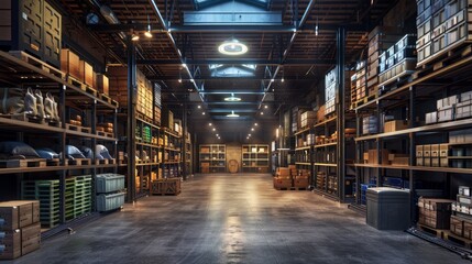 A warehouse with a lot of boxes and pallets - Powered by Adobe