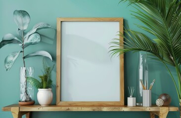 A simple wooden frame mockup on an elegant shelf, surrounded by lush green plants and artistic accessories, offering space for text or artwork