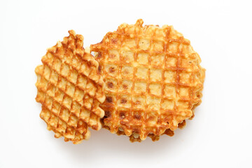 Sweet baked waffle dessert on a white background. Close-up.
