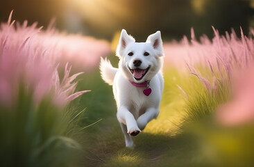 A white dog joyfully runs across the grass on a sunny day to a girl in a pink dress