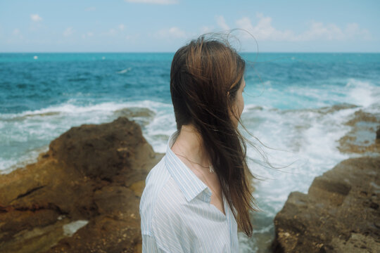 Woman Standing on Beach by the Ocean/ Film vibes
