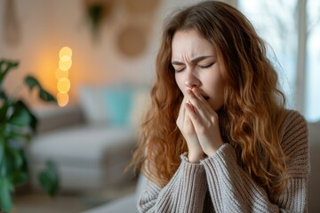 Young adult woman sneezing indoors in a cozy living room while experiencing discomfort from seasonal allergies. Unwell with a cold. Flu. Or allergy symptoms