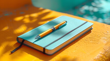 A yellow pen on a blue notebook. The notebook is sitting on a yellow table with a blurred background of blue water.