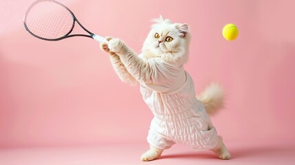 Fototapeta premium A fluffy white cat in a tennis outfit is playing tennis