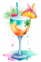 Hand drawn watercolor refreshing cocktail with slice of grapefruit and ice cubes on dark background. Summer cold drink in elegant cocktail glass