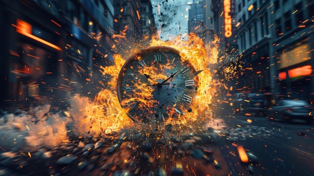 Running after time, alarm clock burning in fire, exploding rush hour, deadline pressure, urgency