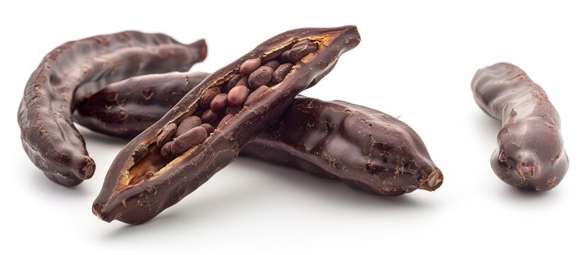 Close-up of carob pods with seeds on a white background. Macro food photography. Ingredient for health and nutrition concept. Banner with copy space