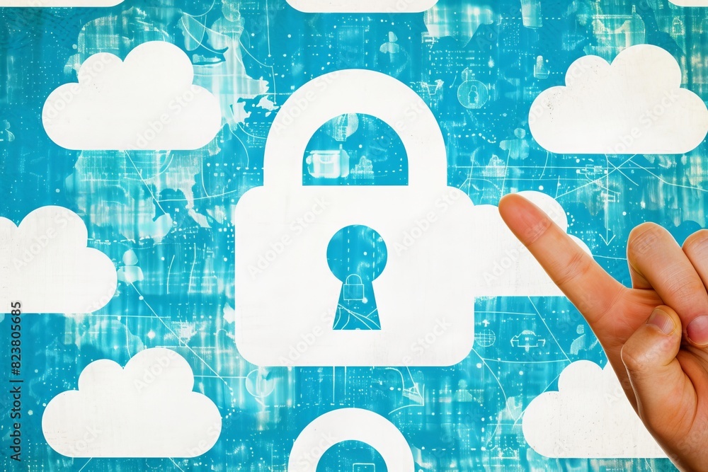 Poster hand pointing at a white padlock on a blue cloud pattern background, symbolizing secure data storage