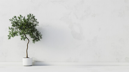 A small potted tree with a twisted trunk and lush green foliage against a plain white wall.