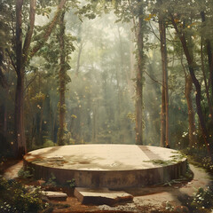 An empty platform as a mockup with a forest landscape in the background